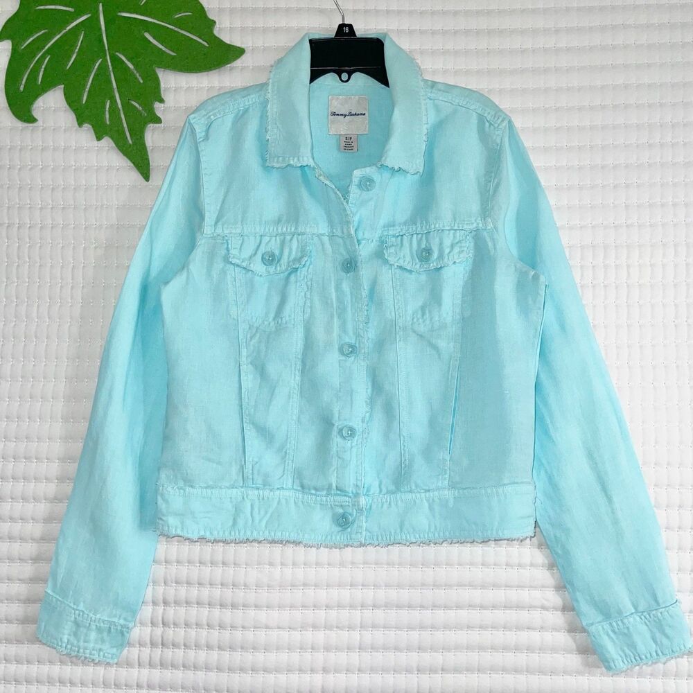 Tommy Bahama Light Blue Linen Jacket Size S Coastal Tropical Buttoned Up Casual